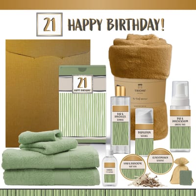 Geschenkset “21 Happy Birthday!” - 12 producten - 1910 gram | Triomf Groene Strepen - Giftset voor haar hem Eenentwintig Cadeau Luxe Wellness Pakket Vrouw Man Speciaal Cadeaupakket Geschenk Verjaardag pakket Gift Set Giftset Goud Groen