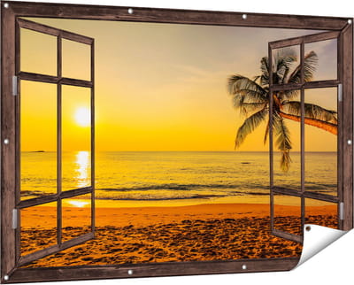 Gards Tuinposter Doorkijk Tropisch Strand tijdens Zonsondergang - 150x100 cm - Tuindoek - Tuindecoratie - Wanddecoratie buiten - Tuinschilderij