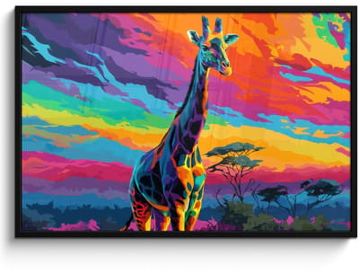 Poster in lijst - Fotolijst 120x80 cm - Posters - Giraffe - Savanna - Lucht - Gekleurd - Posterlijst zwart - Decoratie - Wanddecoratie woonkamer - Muurdecoratie slaapkamer