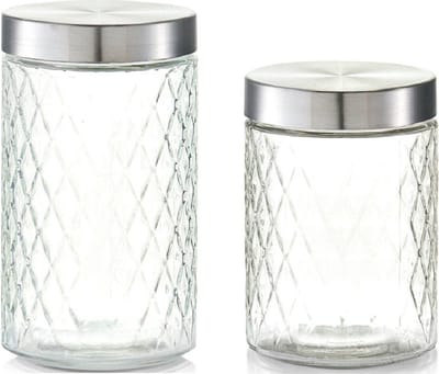 6x Glazen keuken voorraadpotten/bewaarpotten 1200/1500 ml geruit - Voedsel bewaren/opslaan/opslag
