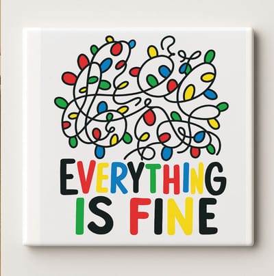Everything Is Fine Grappige Tegel – 15x15cm Kleurrijke Kerstlampjes Muurdecoratie voor Huis, Kantoor & Cadeau Liefhebbers