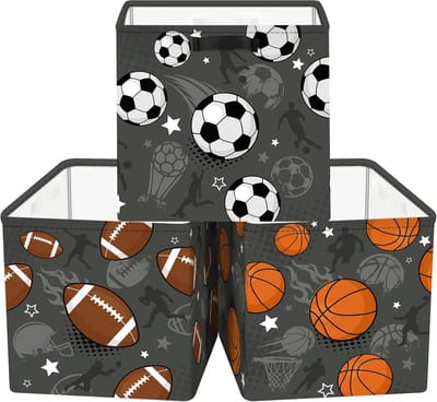 30 cm Opbergdoos 3 Stuks Sportbal Opbergmand voor Jongen Basketbal Volleybal Opbergkubus met Handgrepen voor Thuis Organizer voor Speelgoed Boeken Kleding,Grijs