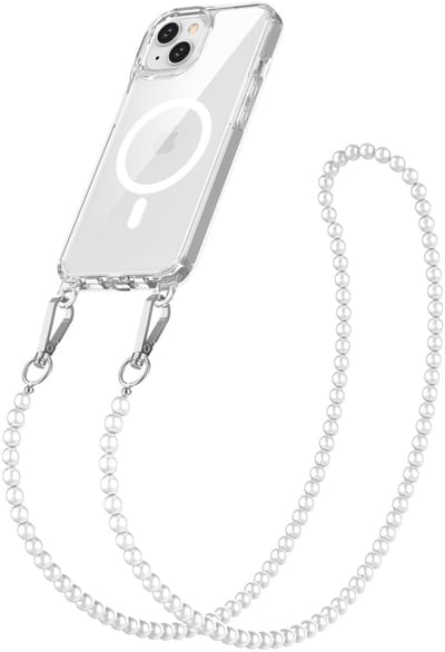 Geschikt voor iPhone 15 Hoesje Met Afneembare Koord - Solidenz Collection - Phone Cord - Telefoonketting Kralen - Telefoon Ketting Verstelbaar - Lanyard - Geschikt voor MagSafe Case - Met Parel Koord - Transparant