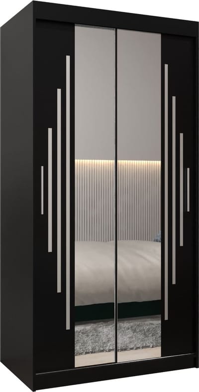 InspireMe - Kledingkast met 2 schuifdeuren, Modern-stijl, Een kledingkast met planken en een spiegel (BxHxD): 100x200x62 - MALTESE I 100 Zwart Mat