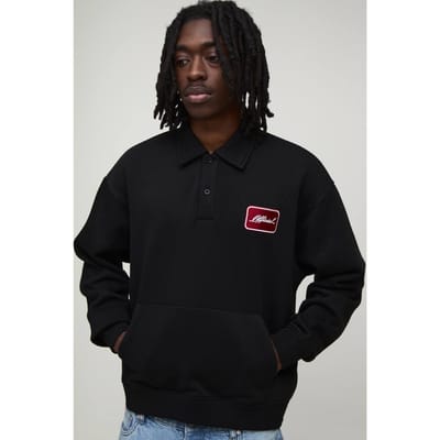 Heavyweight Oversized Boxy Embroidered Badge Polo Sweater | Black | Size XS
