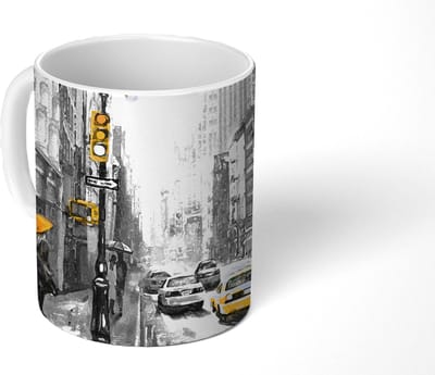 Mok - Koffiemok - Schilderij - Olieverf - Stad - Auto - Mokken - 350 ML - Beker - Koffiemokken - Theemok