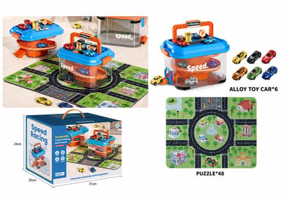 OODBLUE Speelgoed Parkeergarage met Opbergbox - Racebaan met 6 Die-cast Auto’s en 48-delige Speelmat - Draagbaar Autogarage Speelset - Vanaf 3 Jaar
