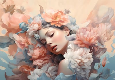 Fotobehang - Vrouw - Bloemen - Pastel - Lente - Natuur - Bladeren - Vliesbehang- 254x184cm (lxb)