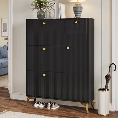 MODENUIT Schoenenkast - Met 3 Kleppen, Lade En Deur - Voor Hal En Entree - Hout En Metaal - 90x25x121 Cm - Zwart