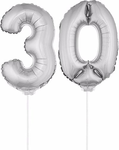 30 jaar leeftijd feestartikelen - versiering cijfers - ballonnen op stokje - van 41 cm - Combi van cijfer 30 - in het zilver