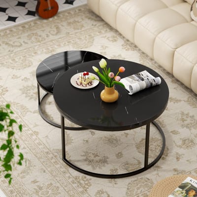DESMIU Salontafel - Minimalistisch Marmerlook Set Met Twee Tafels - Flexibel Voor Woonkamer En Kleine Ruimtes - MDF En Metaal - Zwart - 80x80 En 60x60 Cm