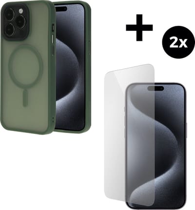 Mobiparts Hardcover MagSafe hoesje geschikt voor Apple iPhone 15 Pro Max - MagSafe - met 2 Screenprotectors van Gehard Glas - Groen