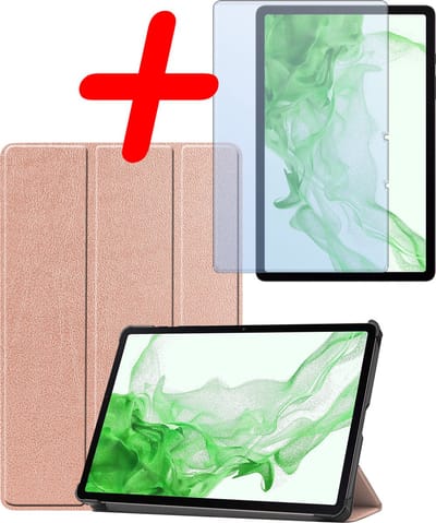 Hoesje Geschikt voor Samsung Galaxy Tab S9 - Met Screenprotector - Trifold Bookcase - Hard Cover Case - Met Uitsparing Geschikt voor S Pen - Hardcover Book - Tablet Hoes - Rosé goud
