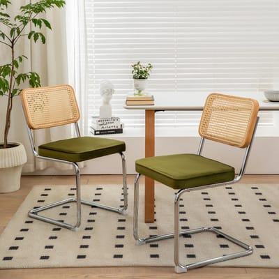 PHOEBE CAT Eetkamerstoel - Set van 2 - Velvet zitting - Rieten rugleuning - Metalen poten - Olijfgroen