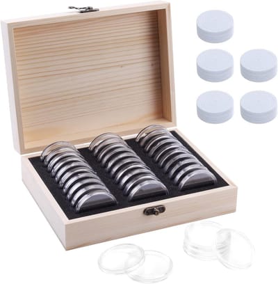 30 Stuks Munthouder Case Houten Muntdoos met Ronde Plastic Muntcapsules, Organiser en Bescherming voor Muntverzamelaars Geschikt voor Muntformaten van 17-45mm