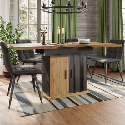 DESMIU Uitschuifbare Eettafel Met Verlengblad En Opbergruimte Voor Keuken En Woonkamer Van MDF Zwart En Natuurlijk 110 Tot 140 X 80 X 75 Cm