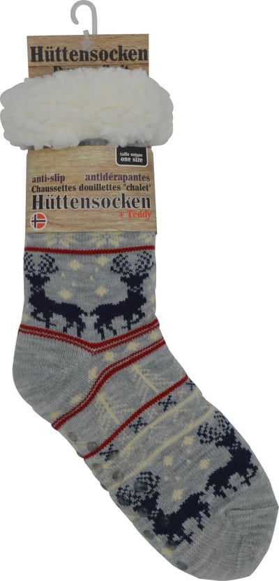 Kerst sokken - Happy Holidays - warme huttensocken mét anti slip - onze size - GRIJS MET RENDIER