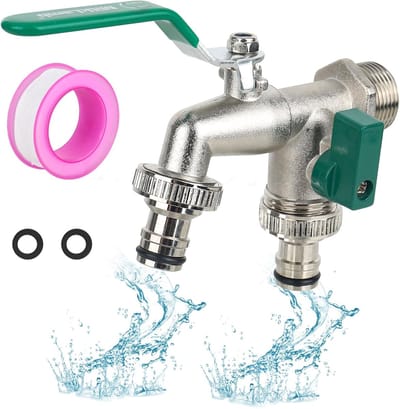 Premium 3/4 Inch Water Tap Garden Double Faucet Brass Ball Valve Outdoor Frostproof Drain Valve - 2 x Free Hose Connections - 1 x Roll Seal Tape - Double Connection - Hose Grommet