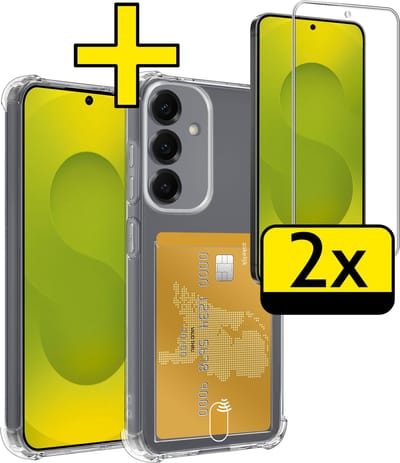 Hoesje - Geschikt voor Samsung Galaxy S25 FE - Met 2x Screenprotector - Pashouder - Kaarthouder - Telefoon Hoes Shockproof - Siliconen Case - Back Cover - Shock Proof - Pasjes Houder - Telefoonhoesjes - Transparant