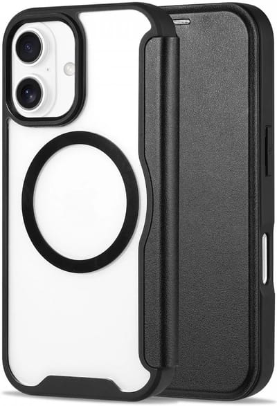 Portemonnee Hoesje Geschikt voor Apple iPhone 16 | Compatibel met MagSafe | Wallet Book Case met Magneet | Beschermhoes met Pasjeshouder | Transparant / Zwart