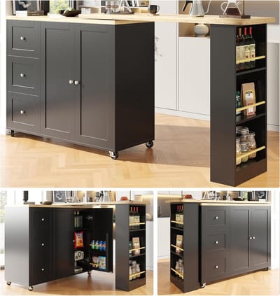 Draaibaar keukeneiland met 3 laden en snackhouder, multifunctionele barwagen op wielen, zwart, 135-203 x 39 x 106 cm, ideaal voor keuken en woonkamer