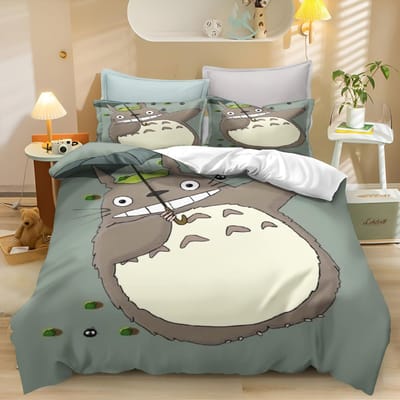 Anime Dekbedovertrek Kussensloop Beddengoedset T-TotoroS Kawaii Volwassene Jongen Meisje Slaapkamerdecoratie Kinderen Eenpersoons Tweepersoons Groot Formaat 135x200cm&set gray