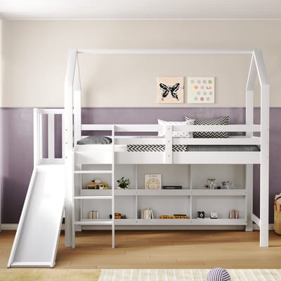 Sweiko Kinderbed, Eenpersoonsbed, 90x00cm, met Schuiftrap Kastrek, Huisstijl, Multifunctioneel bed, geen matras, massief hout+MDF, Wit