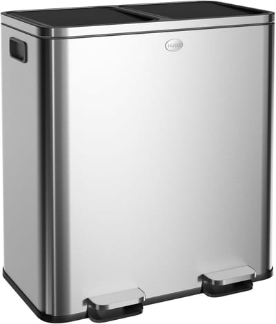 HÜSQ Prullenbak van 60 liter (2 x 30), grote Duo Pedaalemmer voor Afvalscheiding, 2 Vakken en Binnenemmers, soft-close Vuilbak, luchtdichte Afvalbak - Vuilnisbak in RVS - Zilver / Brilliant Steel