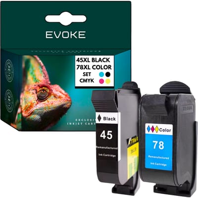 Evoke Compatibele Inkt voor Hp 45 78 Hp45 Hp78 51645Ae C6578A XL 2X: Zwart+Tri-Color Cmy Cyaan Magenta Geel Deskjet 710C 720C 810C 840C 880C 890C 920C 930C 940 950C 960C 970C 980Cxi 990Cxi 1220C 1280