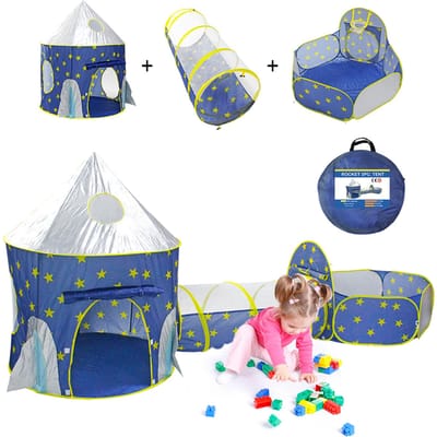 Tente de jeu 3 en 1 pour enfants, maison de jeux pour enfants avec fosse à balles Tunnel pour tout-petits garçons, jeu intérieur et extérieur 3-in-1 set bleu
