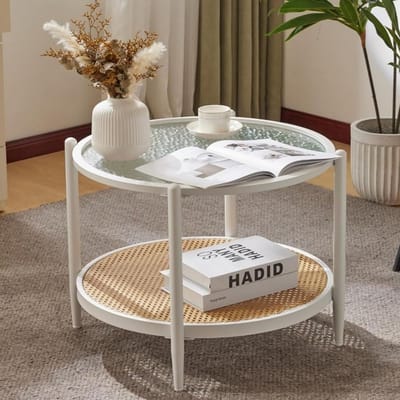 Ronde Salontafel met Glazen en Rotan Details - Moderne Midden- of Bijzettafel met 2 Lagen