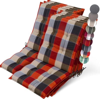 Beautissu Sun-NL – Set van 7 Premium Lage Rugleuning Kussen 100x50 cm - UV-bestendig & 8cm Dik Kussen Tuinstoelkussen Antislip Bevestigingsbanden – Stevige Stof Orange Beige Ruit