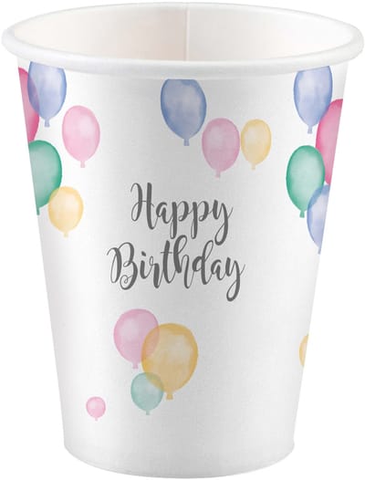 RIETHMULLER - 8 kartonnen bekers Happy Birthday pastel ballonnen 250ml feest