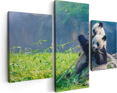Artaza Canvas Schilderij Drieluik Twee Panda's Eten Bamboe Riet - 90x60 - Foto Op Canvas - Canvas Print