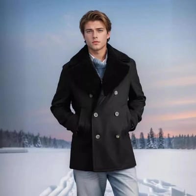 Veste d'hiver pour homme avec col en fourrure, en laine, pour homme, décontractée, coupe slim, croisée, couleur unie, en laine cachemire M noir