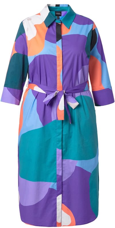 Ulla Popken - Dames - Midi-jurk met overhemdblouse grafisch patroon A-lijn - Purper - Maat 46+