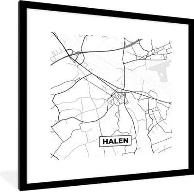 Fotolijst incl. Poster Zwart Wit- Kaart – Plattegrond – Stadskaart – Halen – België – Zwart Wit - 40x40 cm - Posterlijst