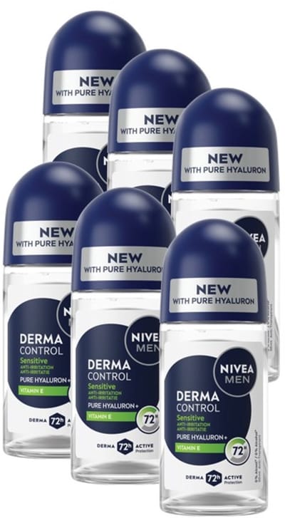 NIVEA MEN Derma Control Sensitive Anti-Transpirant Deo Roller - Deodorant - 72u Bescherming - Voordeelverpakking 6 x 50ml