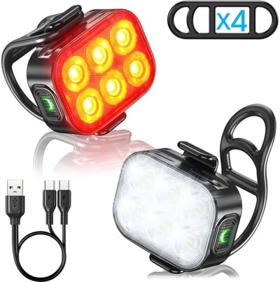 Slanke, oplaadbare voor- en achterfietsverlichting, [5+6 standen] dubbele USB‑C LED-fietslampen, IP65 waterdichte voorlamp en achterlicht, geschikt voor weg‑ en mountainbiken.