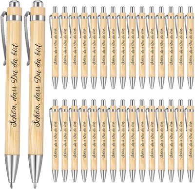 Dailygoods- Houten Balpennen 30 Stuks - Gastgeschenken - Cadeau voor Leraren - Ecologisch - Praktisch - Met Spreuk "Schön, dass Du da bist - Pen