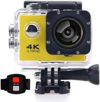 4K-actiecamera 20 MP WiFi 30M Waterdichte sportcamera Onderwatercamera voor vloggen met Ultra HD 170° groothoeklens 2.4G afstandsbediening Beeldstabilisatie 2.0'' LCD-scherm met accessoireset (geel)