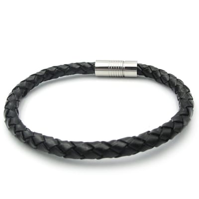 Gevlochten leren herenarmband zwart met stalen magneet sluiting 22 cm