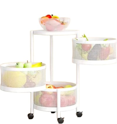 Roterend Opbergrek 3-Laags - Wit - Keuken Organizer met Verwijderbare Manden - Fruit & Groente Opslag