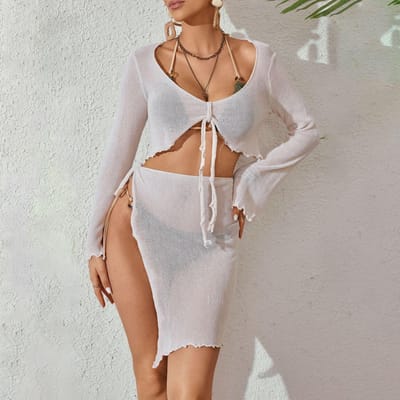 Nieuw Strand Dames Effen Kleur Gebreid Strand Bikini Badpak Hoodie Jurk L wit