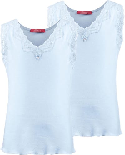 Exclusief Luxueus Kinder nachtkleding Hanssop, Meisjes, Katoenen ondergoed hemden set, twee super luxe zacht blauwe hemden gemaakt in een verfijnd lief hartjes ajour katoen met bijpassende dubbele satijnen strikjes, maat 152