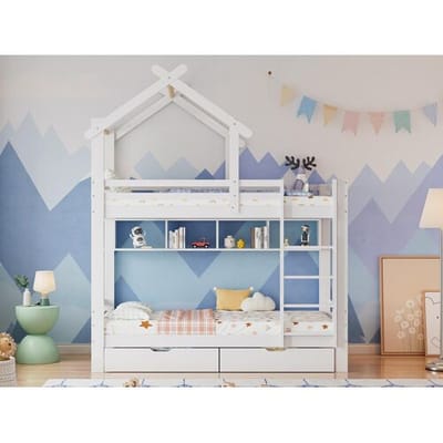 ModernLuxe Cabine stapelbed 90x200cm in massief grenen met laden en planken + lattenbodems - Wit