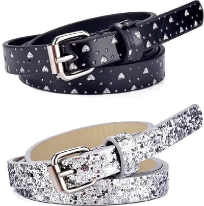 2 Stuks - Meisjes Riemen Glitters Zilver Zwart - Maat 65 (7-10 jaar)