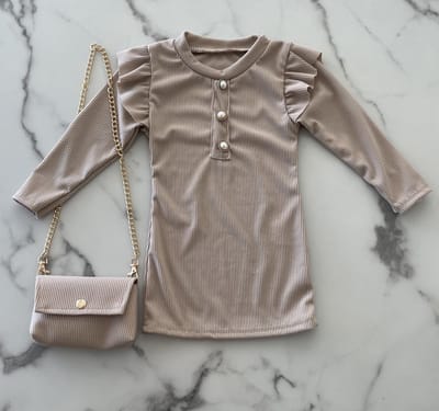 Baby meisjes jurkje inclusief bijpassend tasje "beige", verkrijgbaar in de maten 68 t/m 104