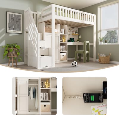 Wit kinderhoogslaper 90x200cm met bureau, ladderkast en kledingkast, open planken, USB/USB-C-poorten, lattenbodem, ruimtebesparende alles-in-één oplossing, exclusief matras