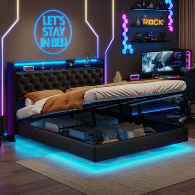 Gestoffeerd bed 160x200 cm met LED-verlichting en USB - Hydraulisch tweepersoonsbed met lattenbodem en opbergruimte, Opbergbed met Hoofdbord, Zwart PU, zonder matras